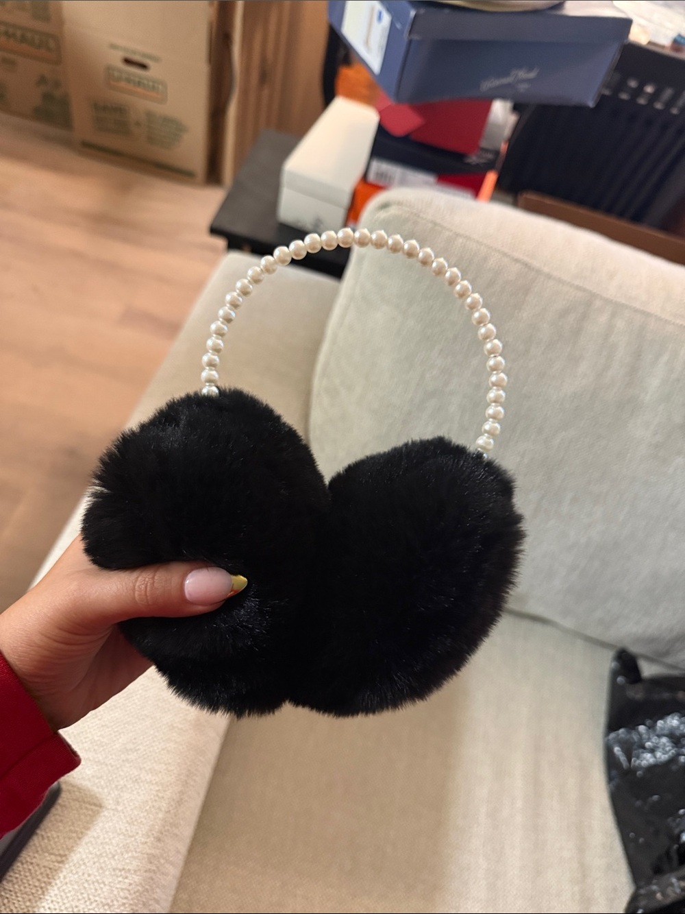 Black Faux Fur Pearl Headband Ear Muffs - Women Accessories